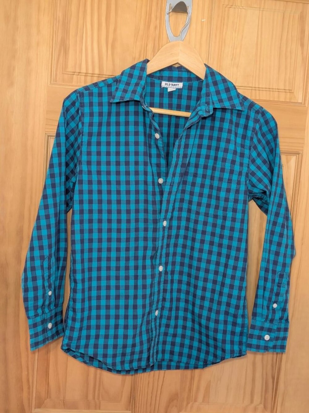 Old Navy Womens Teal Navy Gingham Plaid Button Up Shirt L